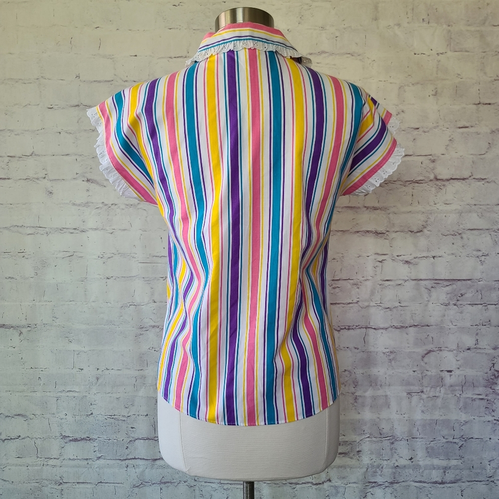 Vintage 80s J.F.I. Colorful Stripe Short Sleeve Button Front Top Lace Trim Small - Picture 5 of 11